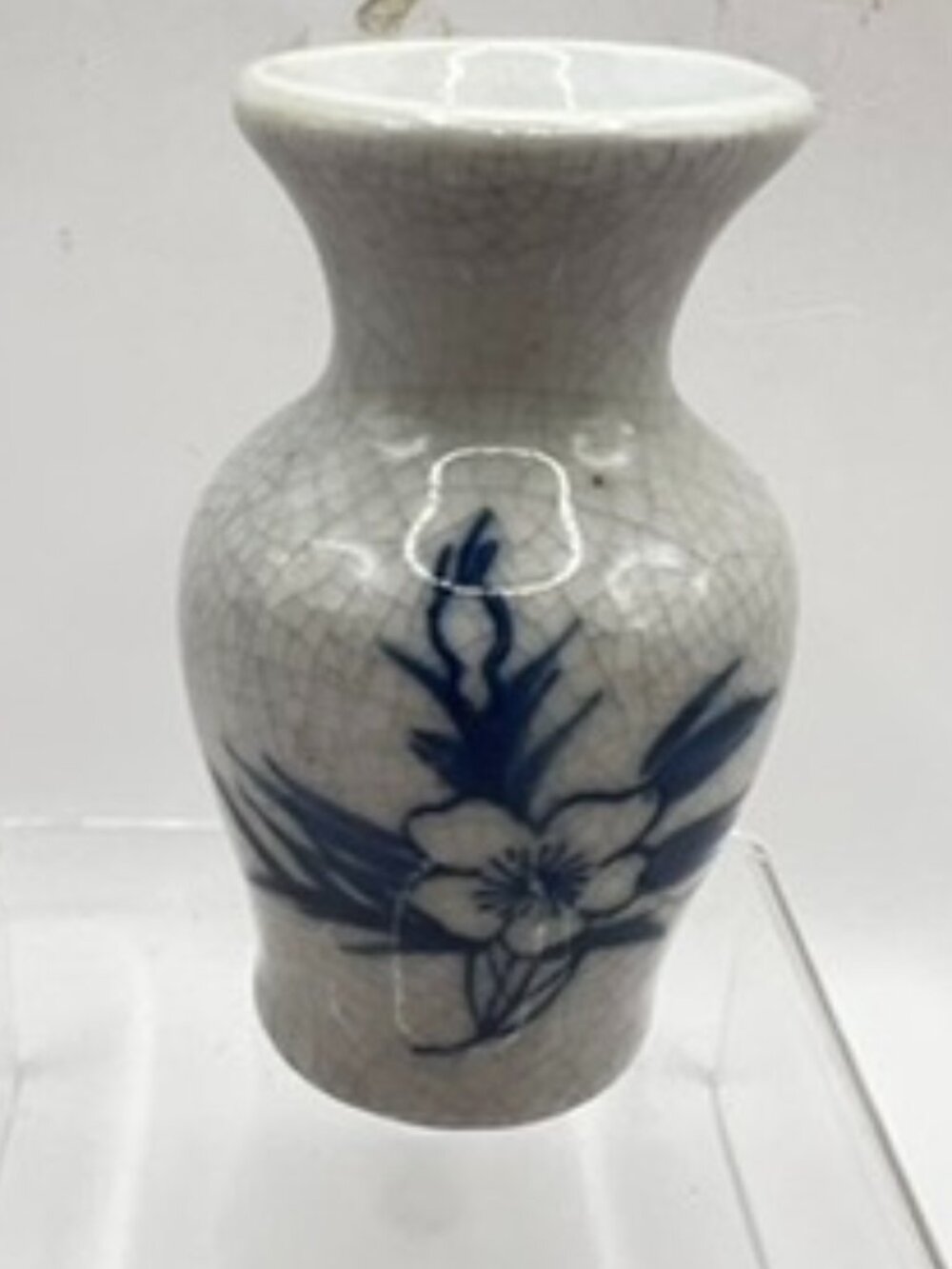 Vtg Chinese Small Blue White Crackle Gray Glazed Vase 3" Tall